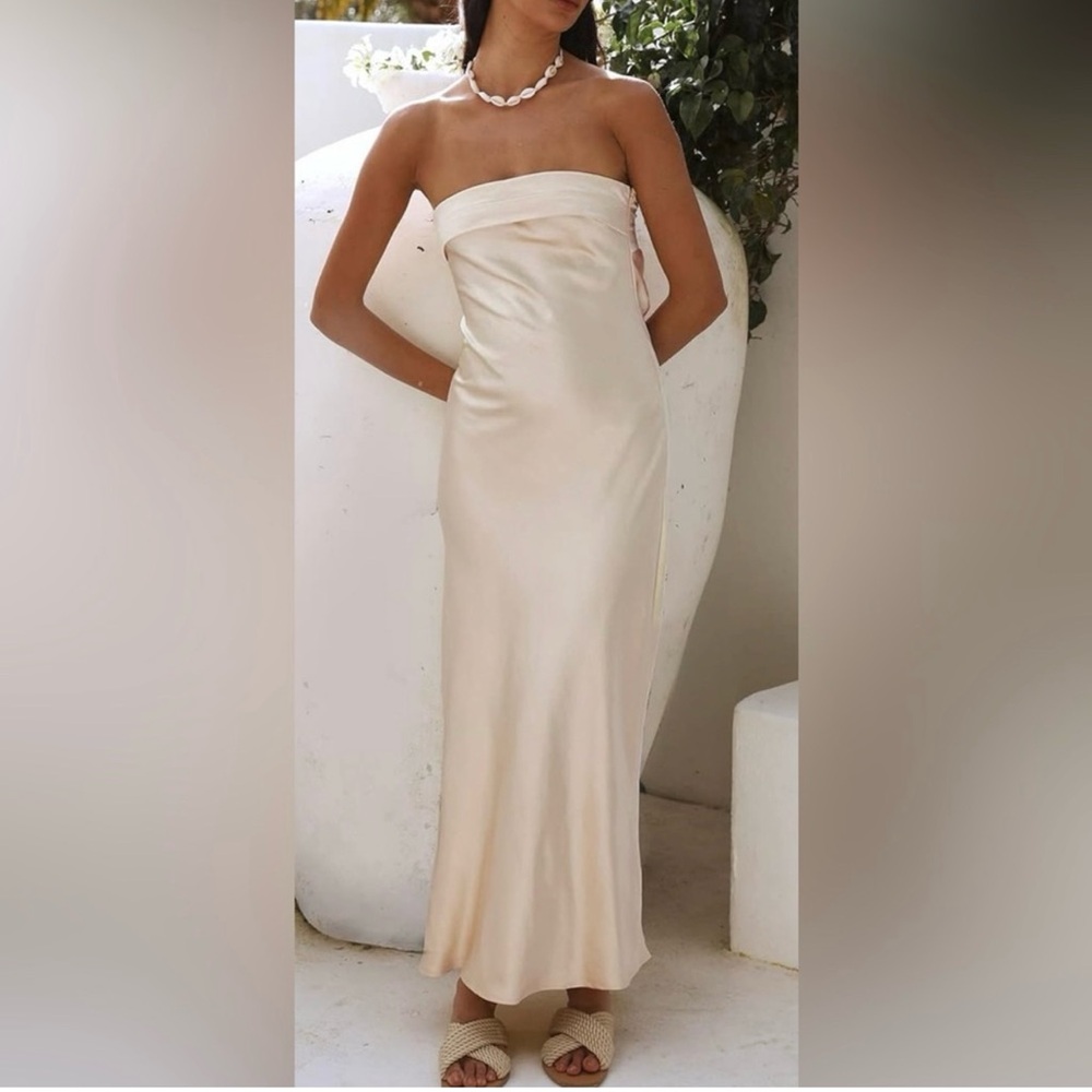 Strapless Satin Column Dress in Cream